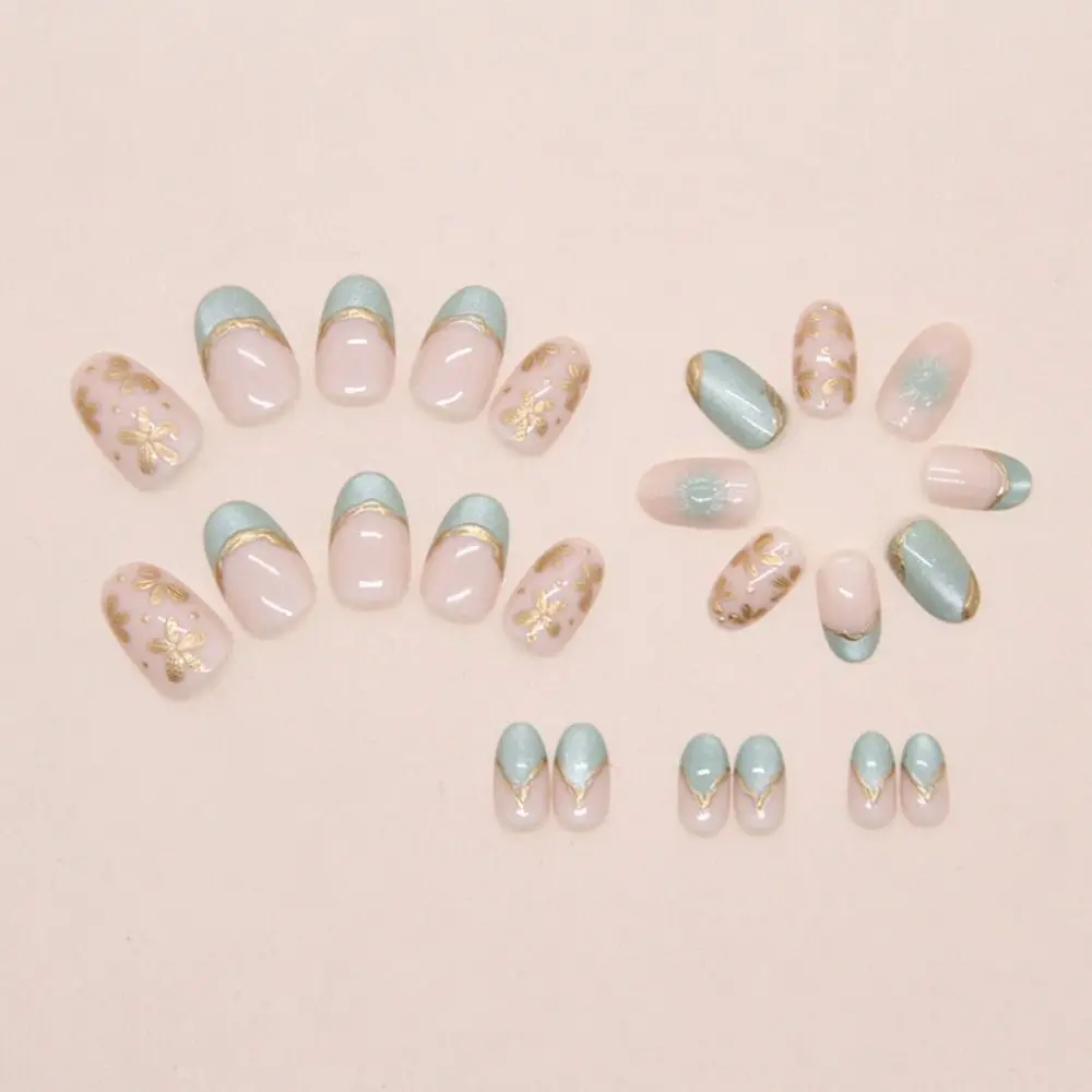 

24pcs Manicure Oval False Nails French Green Fake Nails Detachable Cat Eye Flower Nail Tips DIY