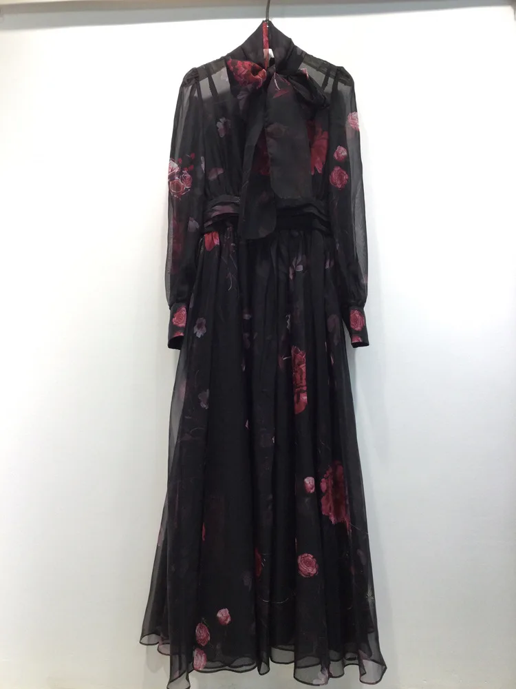 

Autumn Winter Women Full Long Dress Scarf Collar Fashion Flower Printing Vestidos Party Holiday Expansion Lady