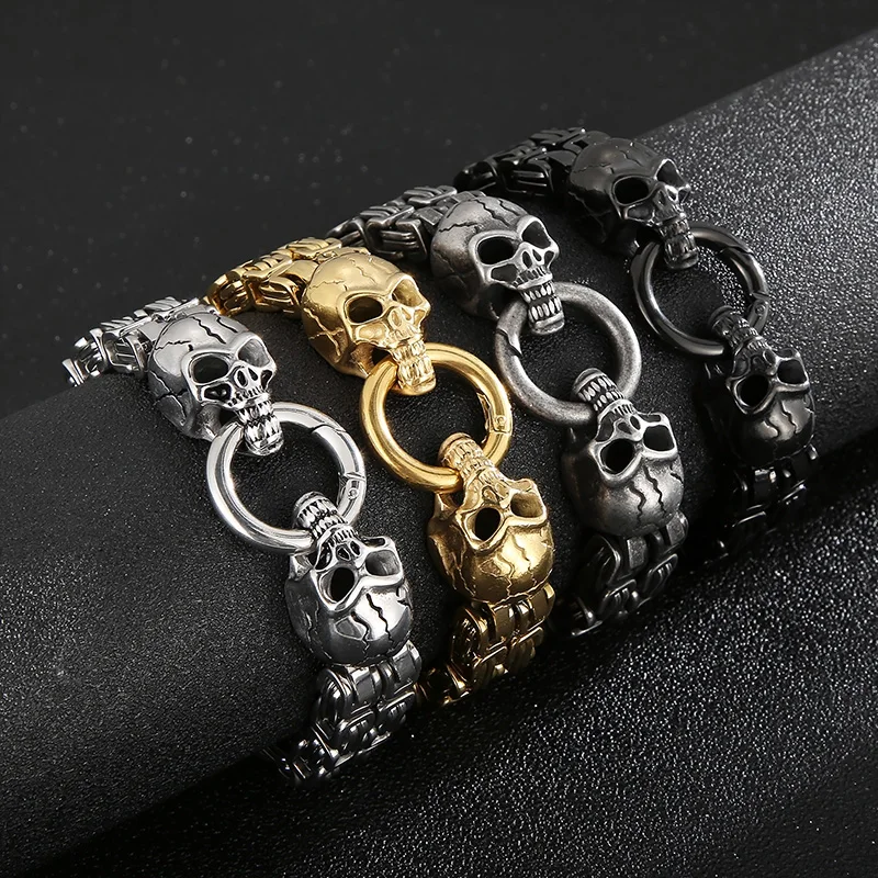 

KALEN Domineering Skeleton Skull Men's Bracelet Stainless Steel Double Layer Bizantine Chain Bracelet Biker Party Jewelry Gift