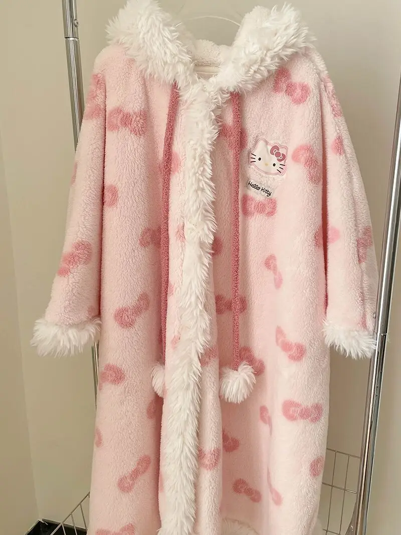 New Sweet Furry Hooded Hello Kitty Nightgown Coral Fleece Plush Sleepwear Robe Winter Women\'s Cute Oversize Home Casual Clothes