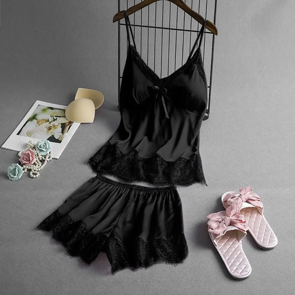 Fashion Satin Silk Lace Sling Pajamas Set Thin Bowknot Two Pieces Nightwear Home Wear Sleeveless Pajamas for Women Women