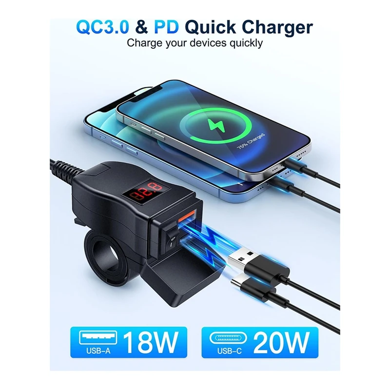 Motorcycle USB Charger, Dual USB Type C PD & Quick Charge 3.0 Motorcycle Phone Charger With Voltmeter & On/Off Switch