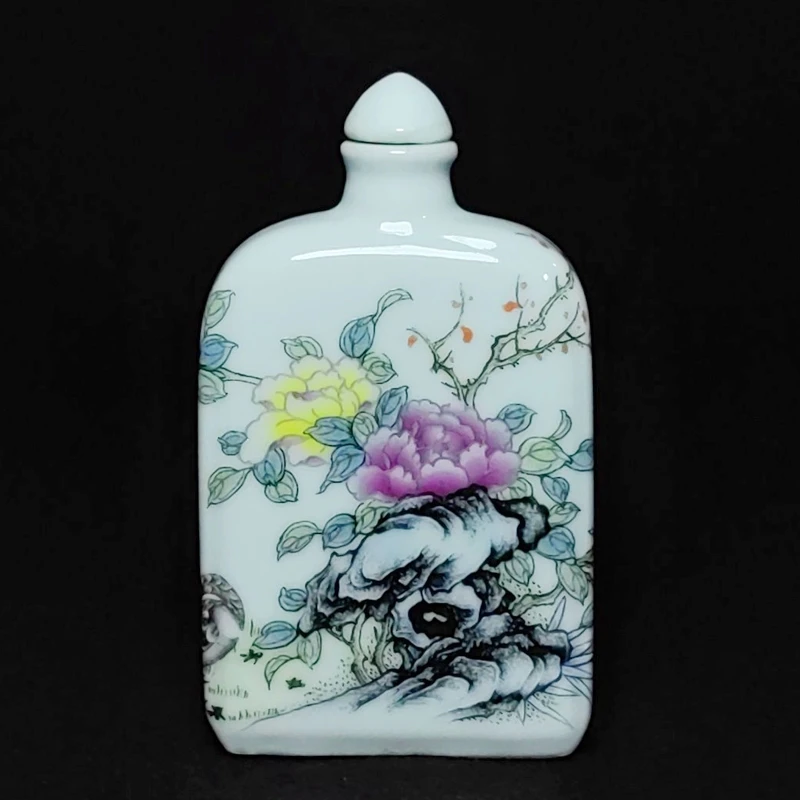 YIZHU CULTUER ART Size 9 x 5.2 cm Old Chinese Porcelain Painting Flowers and Birds Snuff Bottle Decoration Gift Collection