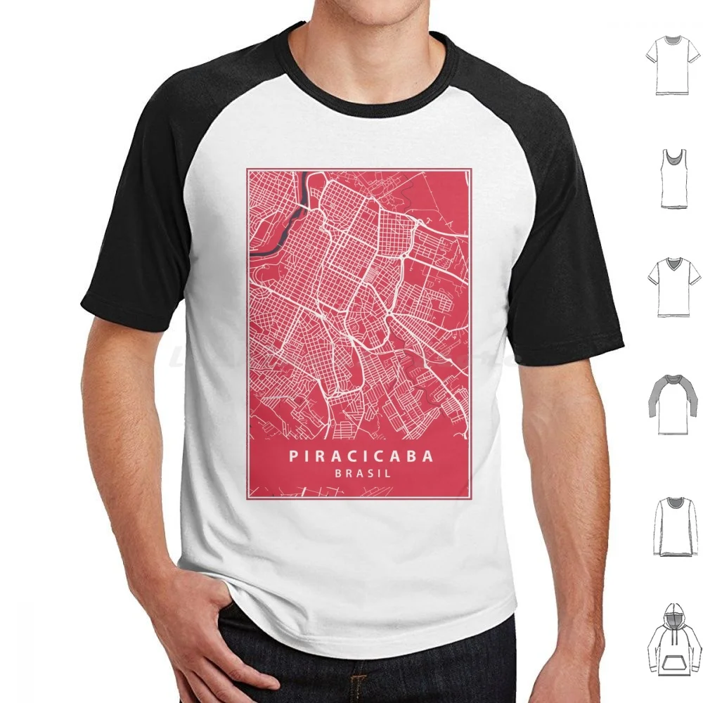 Piracicaba-Brasil-Cartão de Rua Camiseta Tamanho Grande 100% Algodão Piracicaba São Paulo S? O Paulo Brasil Mapa Cidade Casa Cidade Reta