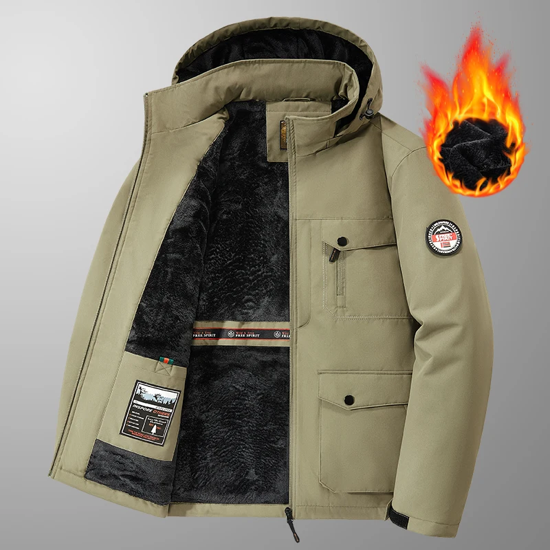 

Winter New Arrival Men's Detachable Hood Fleece-Lined Jacket Casual Fashion Windproof Warm Multi-Pocket Jacket Workwear Jacket