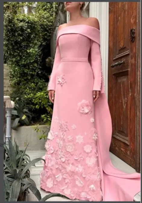 OLOEY Eleganckie jasnoniebieskie suknie wieczorowe Offf Shoulder Long Sleeves 3D Flowers Dubai Arabi Women Formal Party Occasion Gowns