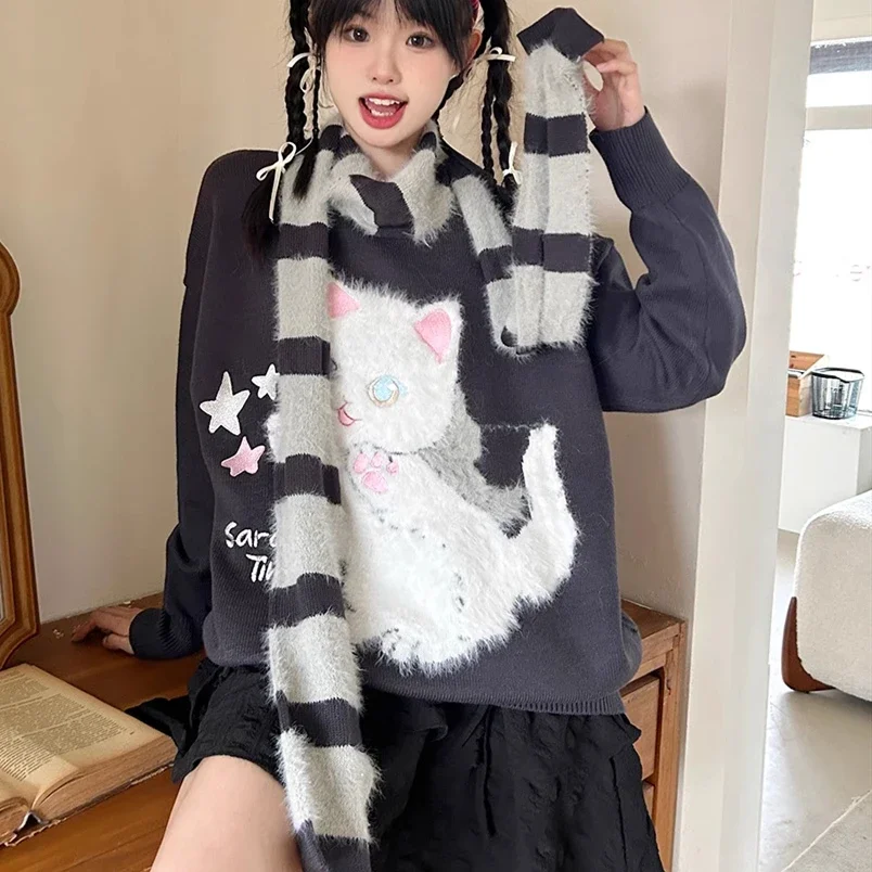 Japanese Y2K Egirl Winter Two Piece Set Scarf and Sweater High Quality Plush Cat Embroidery Jersey Jumper Women Casual Loose Top