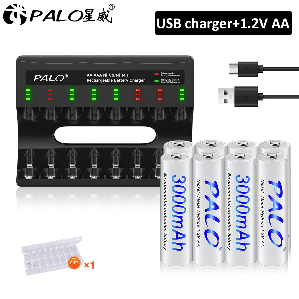 

PALO 1.2V AA Rechargeable Battery 3000mAh Ni-MH AA Batteries with 8 Slots Fast Smart Charger for 1.2V AA AAA Ni-MH Ni-Cd battery