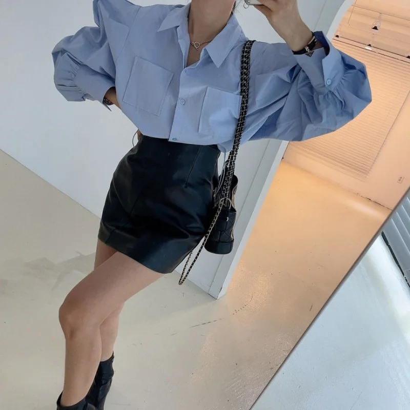 Shpmishal Korean Court Style Bubble Sleeves, Versatile Short Shirt with Drawstring Single Breasted Polo Loose Commuting Shirts