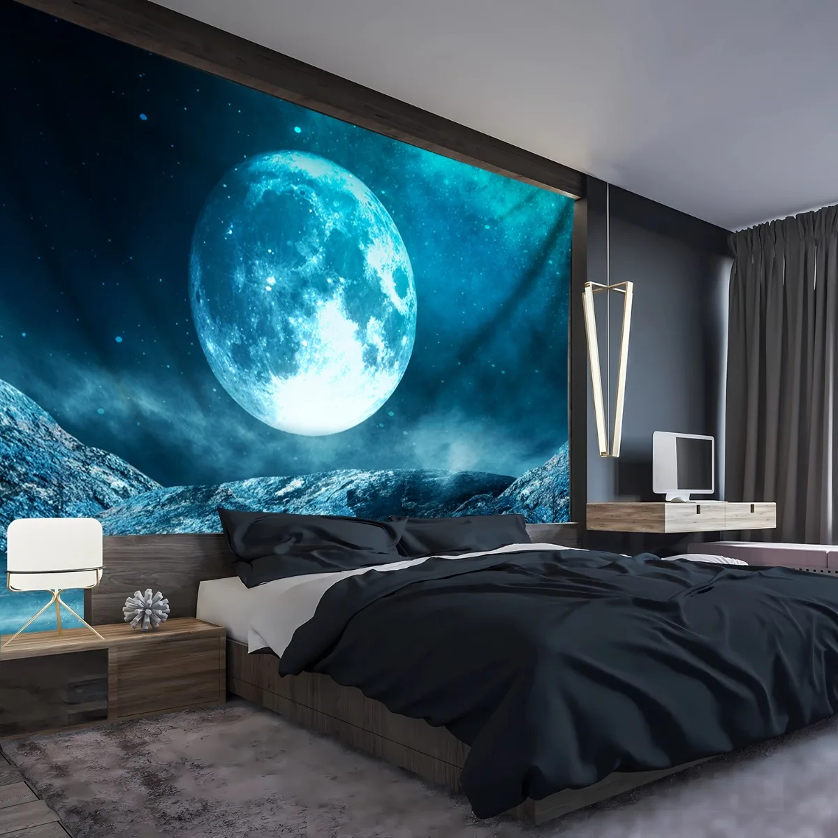 1pc Large Starry Night Wall Tapestry - Wrinkle-Resistant Premium Moon & Mountain Wall Hanging with Deep Blue Black Turquoise Nig