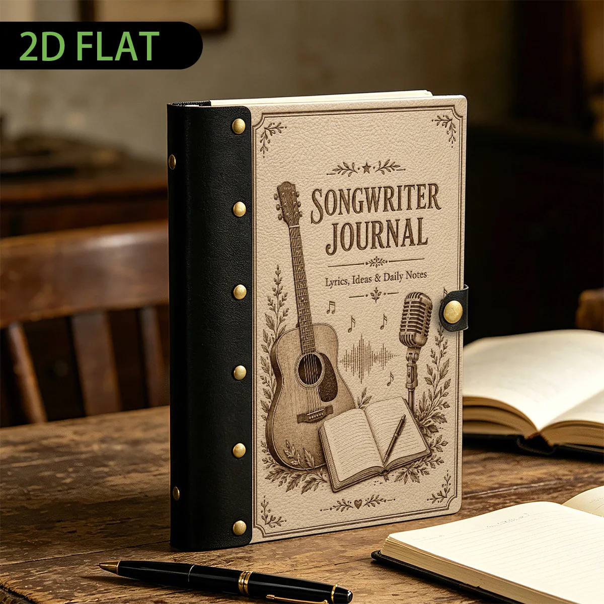 1pc Soft Leather Songwriter Guitar Wooden Leather Binder Notebook, Refillable Loose Leaf, 2D Flat Hard Shell, Metal Rivets, High