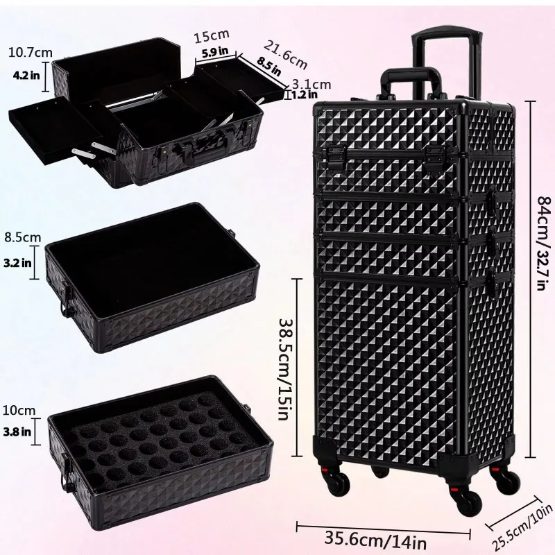 Professional Rolling Makeup Case MultiCompartment Drawers Manicure Hairstyling Storage Box in Black Ideal for Beauty