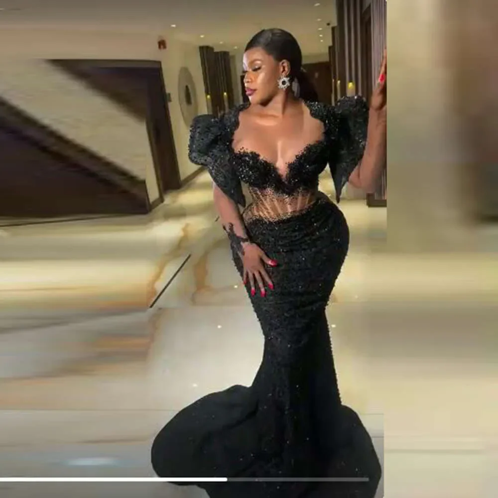 Customized 2026 Aso Ebi Mermaid Black Lace Sexy Tight Ball Dress Transparent Long Sleeve Women's Formal Ocn Party Evening Dress