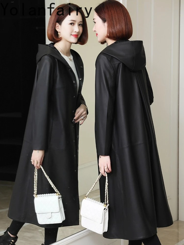 YOLANFAIRY Nachrichten Frühling Herbst Echtem Schaffell Leder Jacke Frauen Mit Kapuze Koreanische Mode Lange Echt Leder Graben Mantel Frau