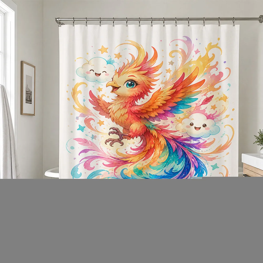 Watercolor Phoenix Shower Curtain Rainbow Boho Watercolor Waterproof Bathroom Curtain Decor Artistic Animal Fantasy Style Liner