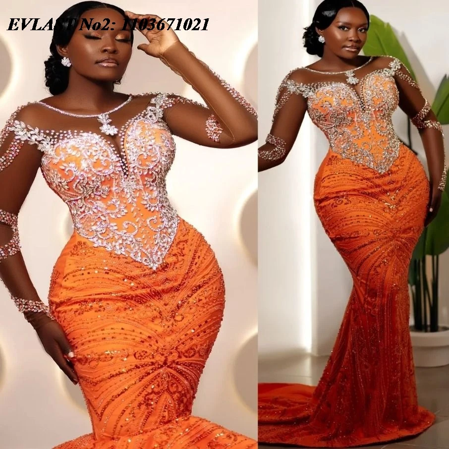 

EVLAST Customized 2026 Aso Ebi Orange Mermaid Prom Dress African Crystal Beaded Lace Applique Evening Gown Robe De Soiree E2P95