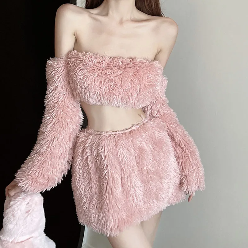 

Sexy Plush Two Piece Sets for Women Pink Tue Top and Short Mini Skirt Suits Spring New Spicy Design Night Club 2 Piece Outfits