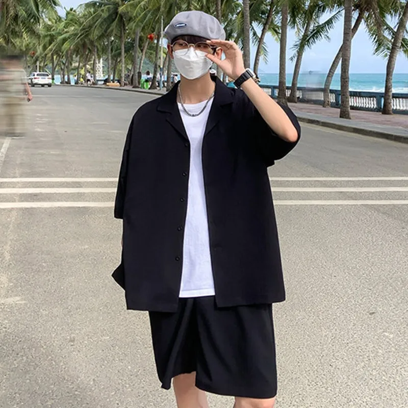 Summer Two-Piece Men\'s Sets Shirt and Shorts Casual Outfits Oversized Short Suit Plain Clothes Clean Fit Black White Green