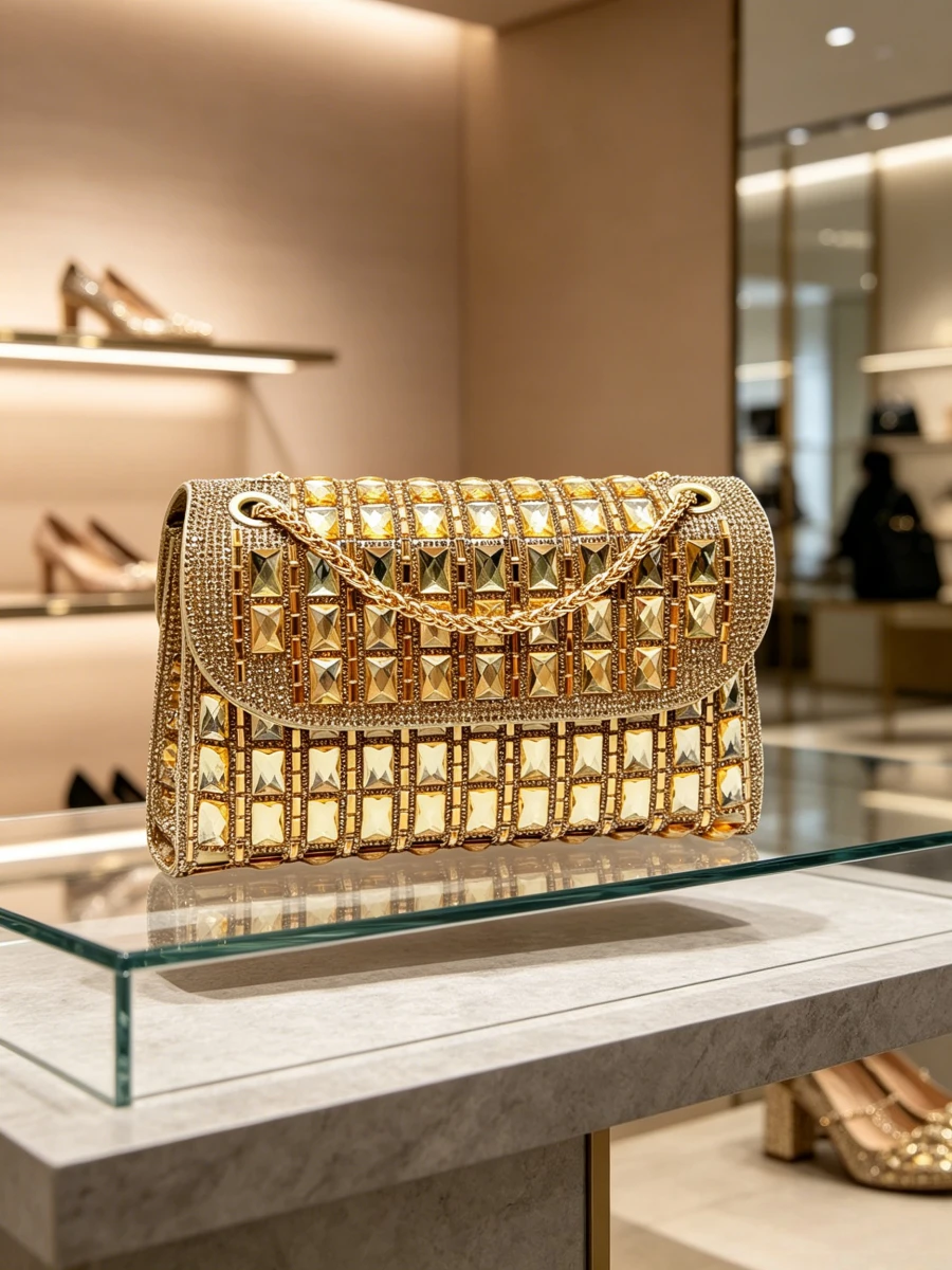 Luxury Gold Square Crystal Evening Clutch Bag With Detachable Chain Strap, Formal Dinner Purse For Middle Aged Ladies Banquet