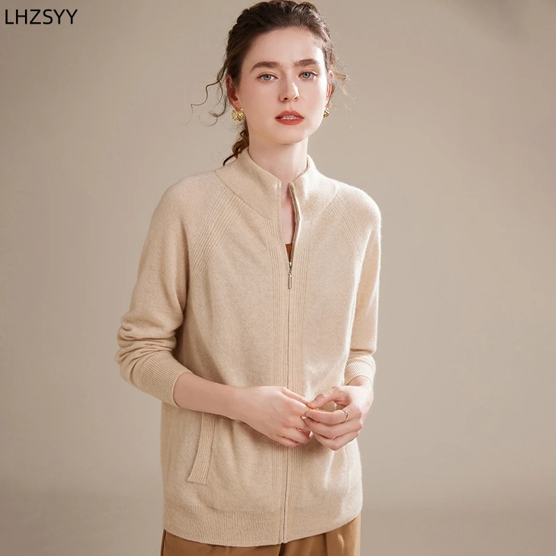 LHZSYY Ladies 100%Pure Goat Cashmere Zipper Cardigan Autumn Winter New High-End Jacket Sweater Casual Joker Thick Cashmere Coats