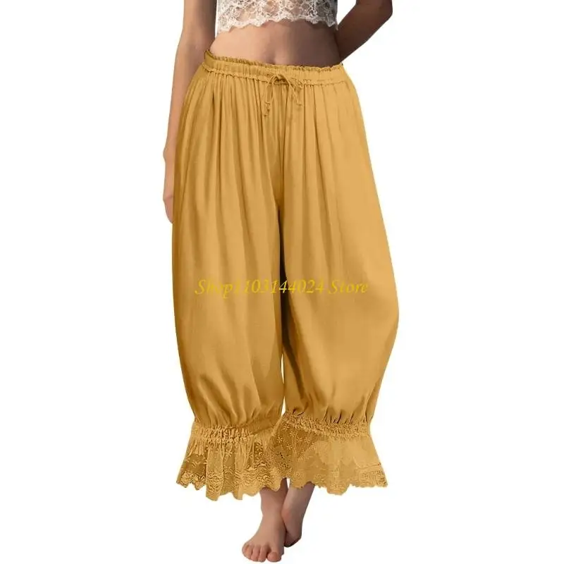 N5KE Women Lace Trim Long Bloomers Elastic Rise Ruffle Pantaloons Cropped Flared Slips Pants Pajama Bottoms