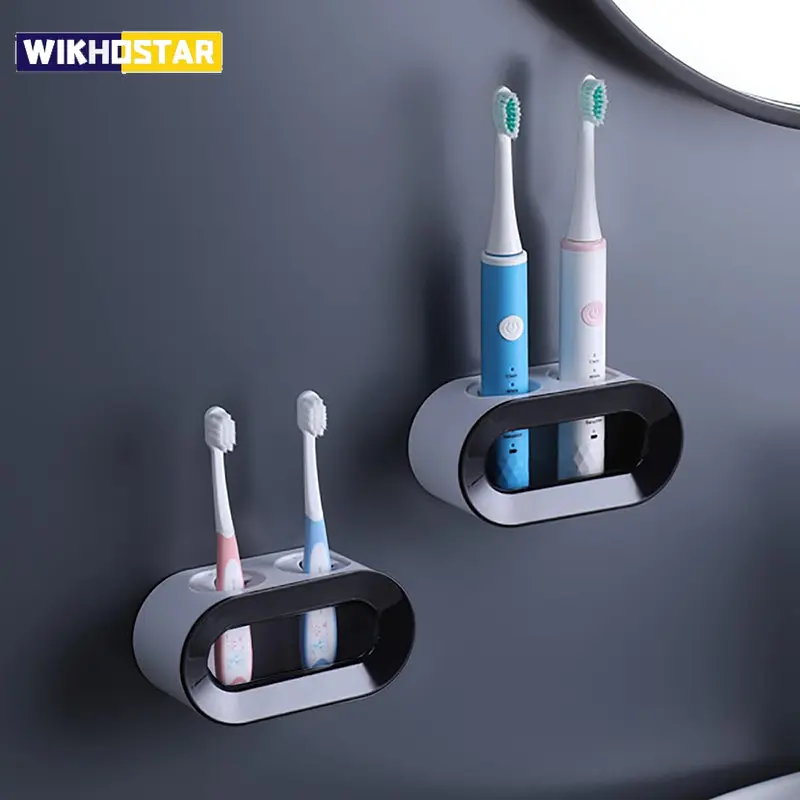WIKHOSTAR Suporte de escova de dentes elétrica montado na parede Suporte de escova de dentes com furo duplo Rack de armazenamento Conjunto de acessórios para banheiro