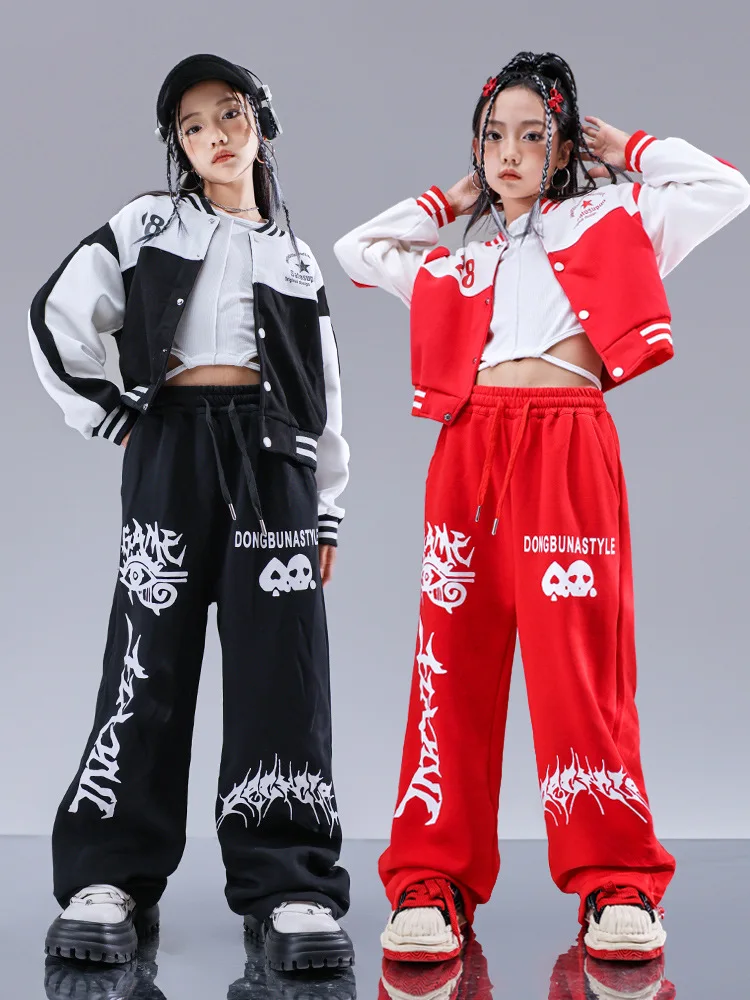 Ropa de Hip Hop para niñas, Top de empalme rojo y blanco, pantalones de chándal para correr de calle roja para niños, traje de baile de Jazz