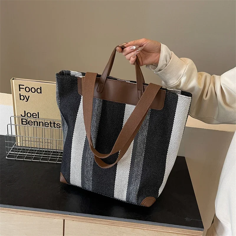 Striped Shoulder Bucket Bags For Women Canvas Fabric Large Capacity Shopping Totes Contrast Color Commute Shopper Handbags 2024