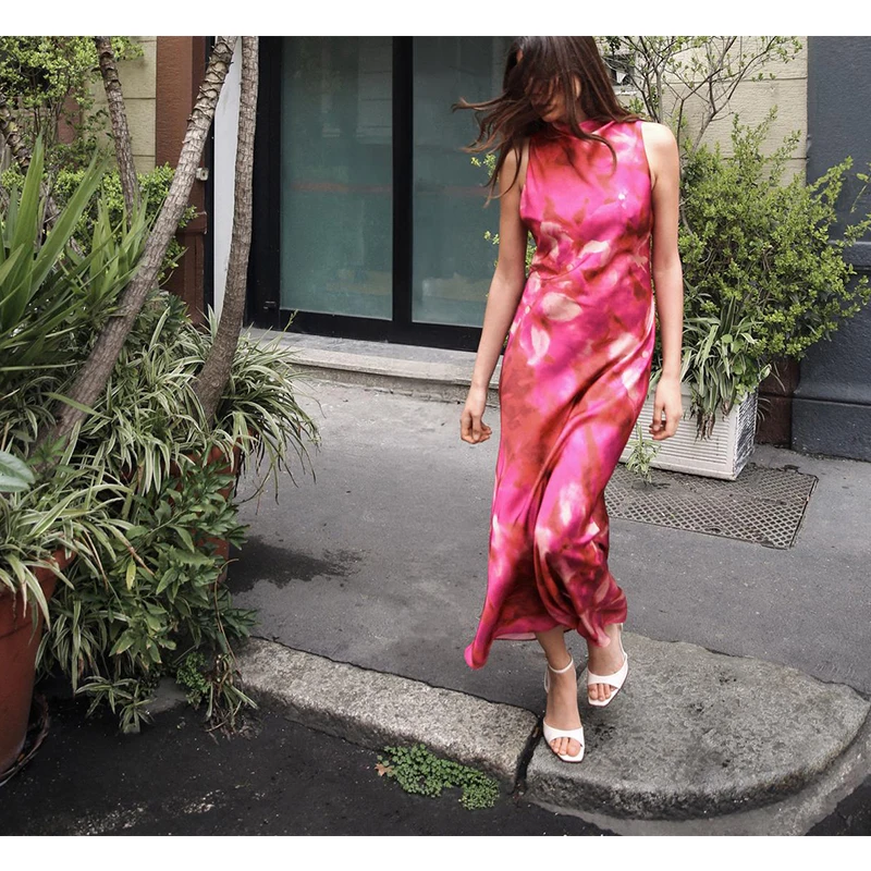 Gonna a trapezio a vita alta con colletto drappeggiato Svel Midi Dr con stampa in raso di seta da donna primavera estate nuovo arrivo