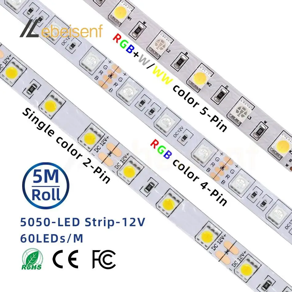 5m 5050 SMD LED Strip 12V 60 LEDs/M Single Color Red/Green/Blue/Yellow/White/Warm Pink/Purple RGB W/WW Flexible Tape Light Bar