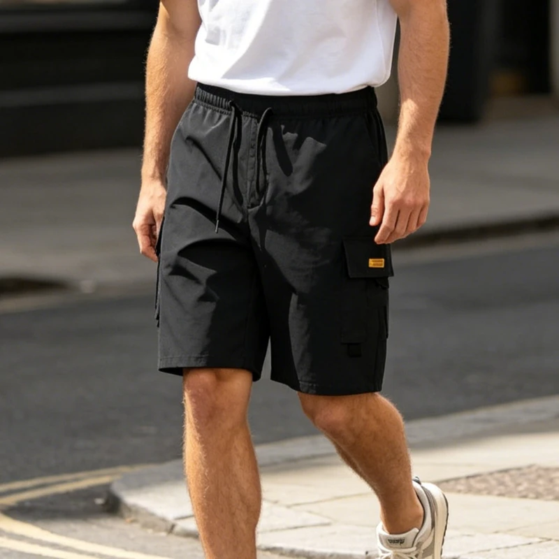 Men's Straight Cargo Shorts Lightweight Breathable Solid Color Drawstring Waist with Multi Pockets Casual Summer Short Pants Man