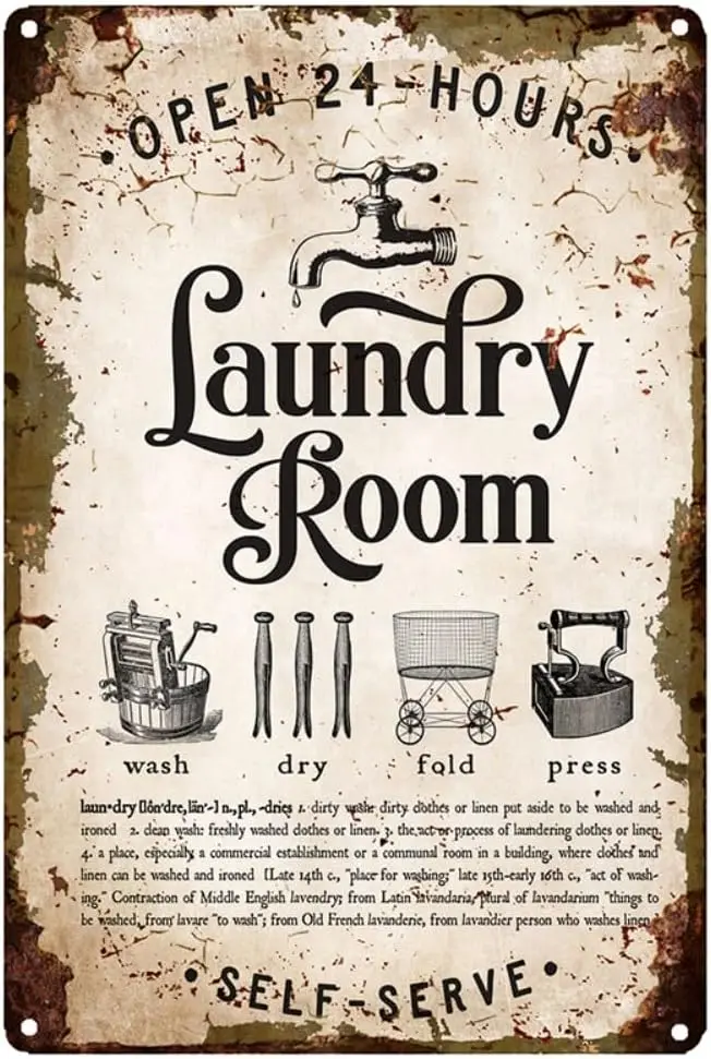 Retro Laundry Room 24-Hours Self-Serve Metal Thick Tin Sign Wall Decor 12