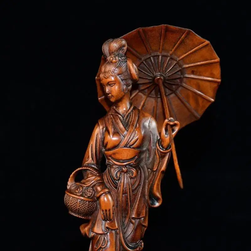 Chinese Antique Boxwood Carved Beautiful Woman Statue Sculpture Home Decor Art