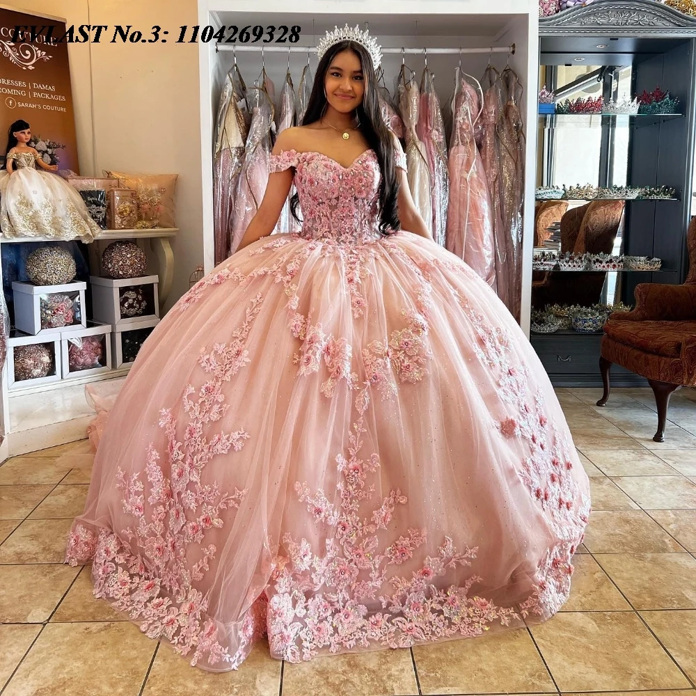 EVLAST Customized Shiny Pink Quinceanera Dress Ball Gown Lace Applique Beaded Tiered Mexico Sweet 16 Vestido De 15 Anos E3Q483