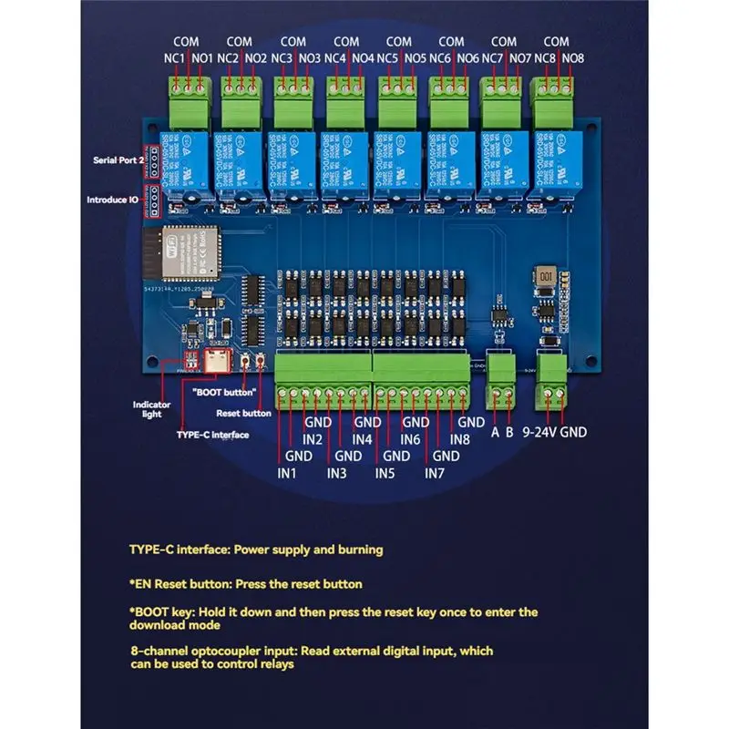 AT82-ESP32 RS485 Modbus 8 Channel Relay Module 9-24V TYPE-C WIFI Bluetooth Support With Case