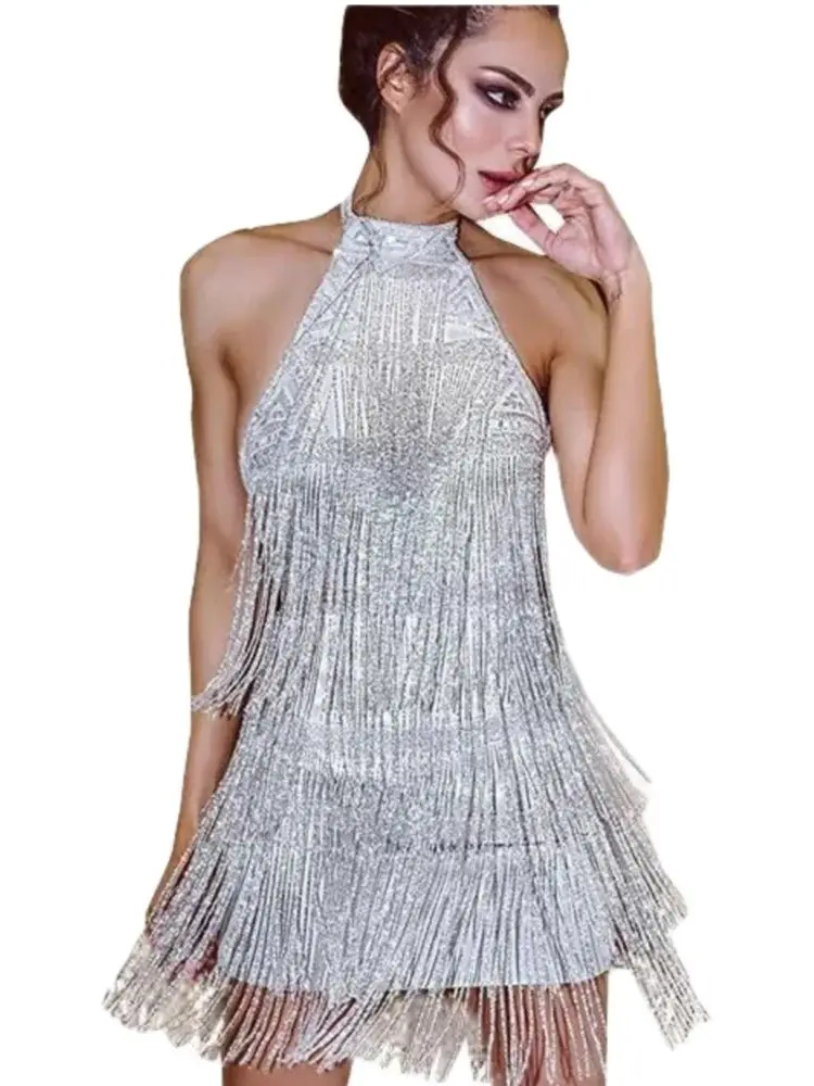 

1pcs/lot woman Tassel Sequin dancing Dress Sexy Halter Summer Party Dress Silver Tassel Dress Latin Dance Costume