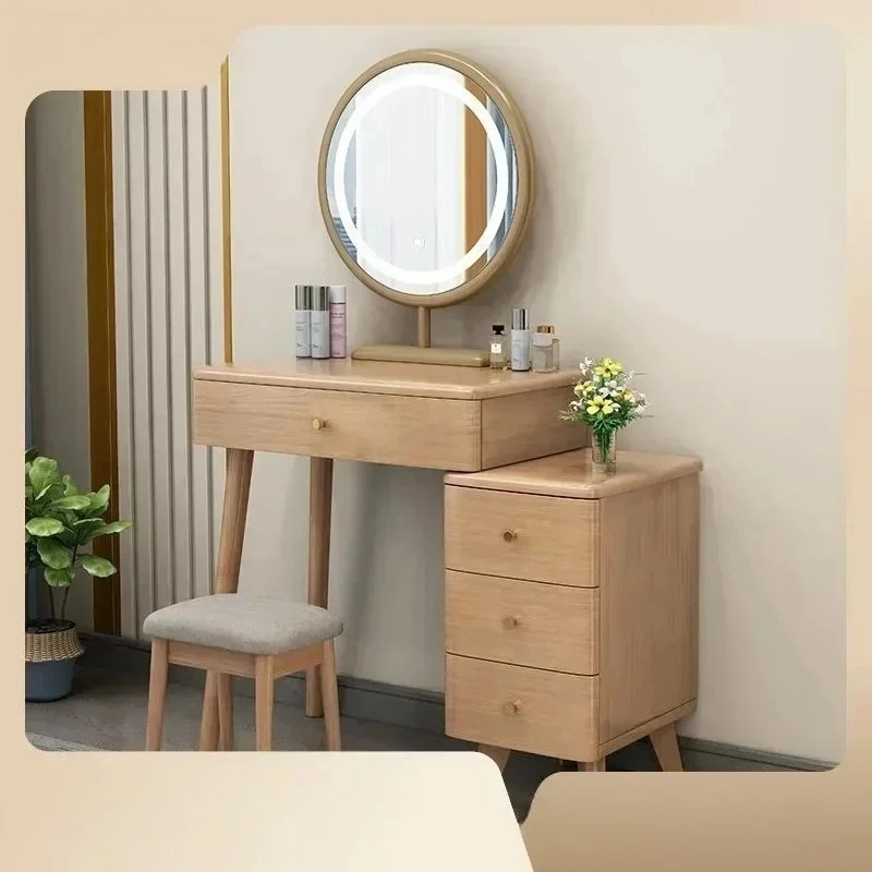 Solid Wood Dressing Table Vanity with LED Mirror and Storage Drawer – Classic Bedroom Furniture