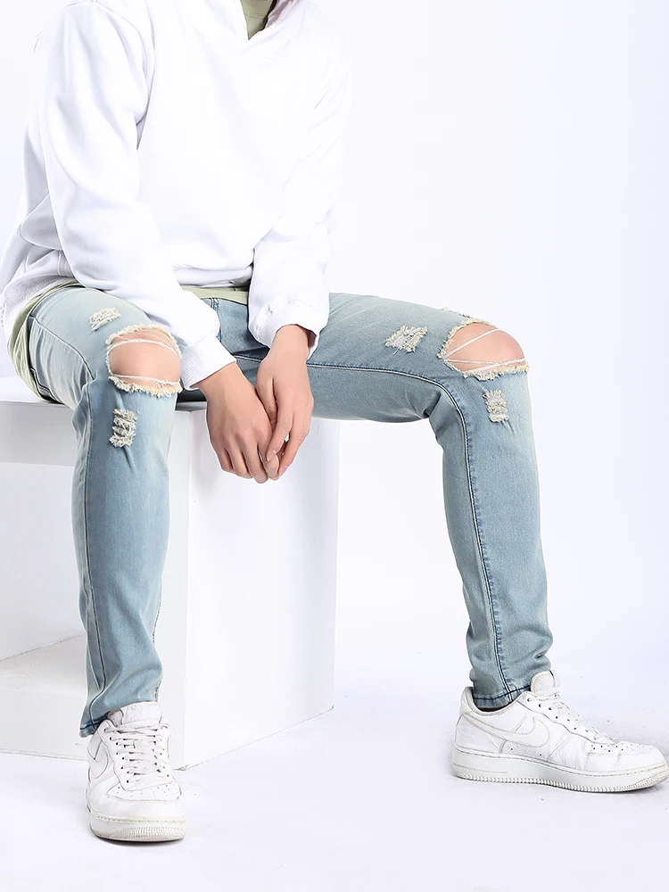 

Мужские джинсы High Street с эластичной тканью, облегающие, с дырками на коленях, модные, прочные, из смесового хлопка и полиэстера, повседневные, длинные брюки