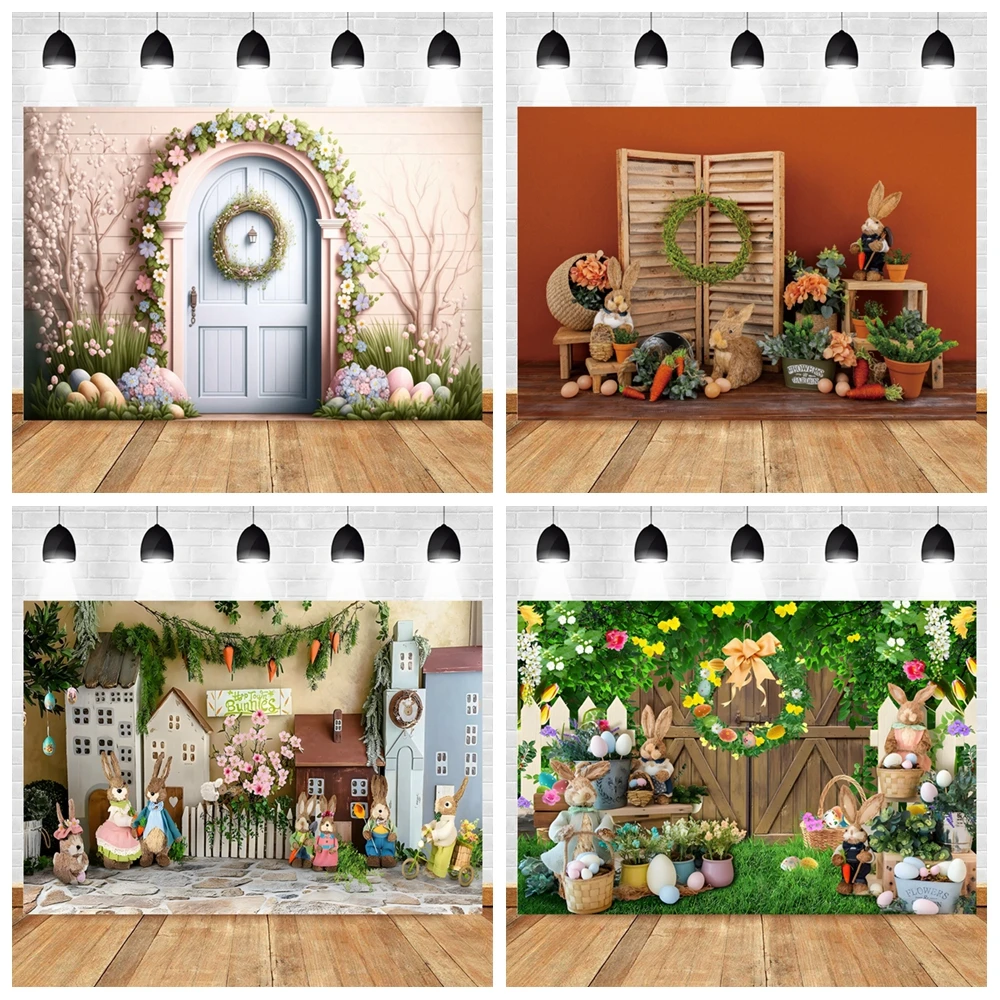 

Spring Easter Photography Backdrop Garden Bunny Colorful Eggs Flower Stand Background Rabbit Flag Baby Kids Portrait Photo Props