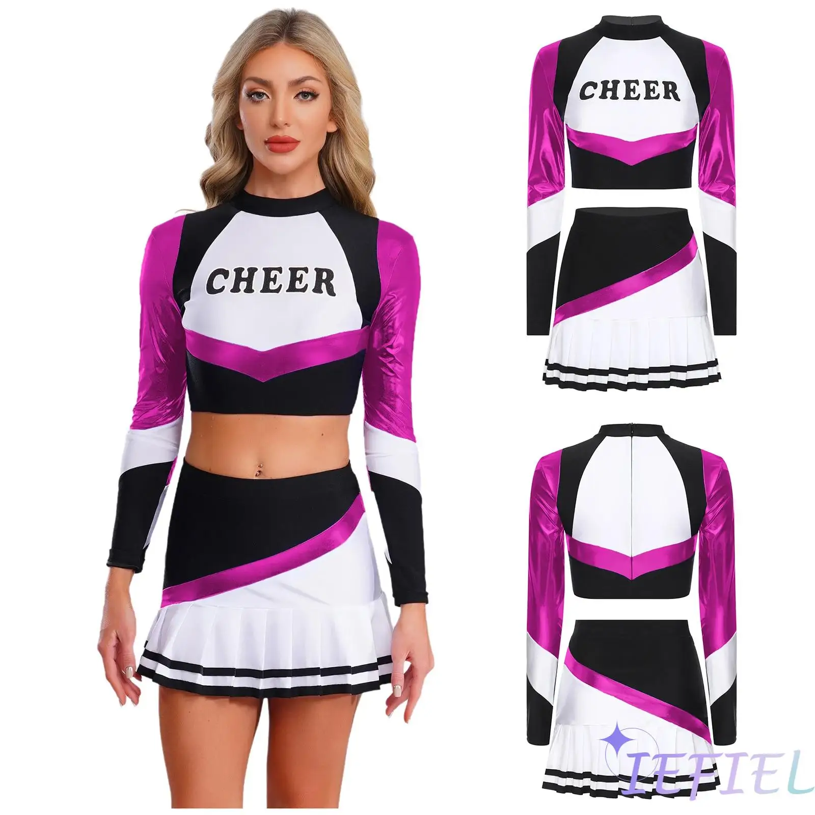 

Fashion Cheerleading Performance Outfit Women Metallic Shiny Long Sleeve Crop Top with Pleated Miniskirt Cheerleader Outfit Set