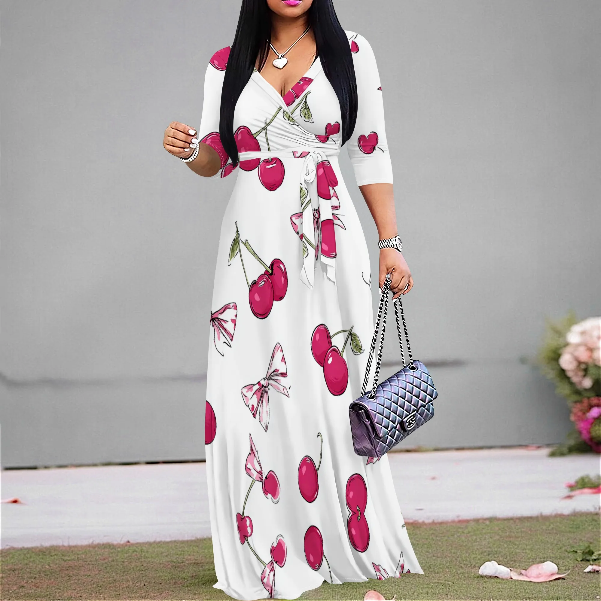 

Cherry Print Wrap Maxi Dress S-3XL V-Neck Tie Waist Half Sleeve for Beach Vacation, Garden Party or Summer Picnic Look