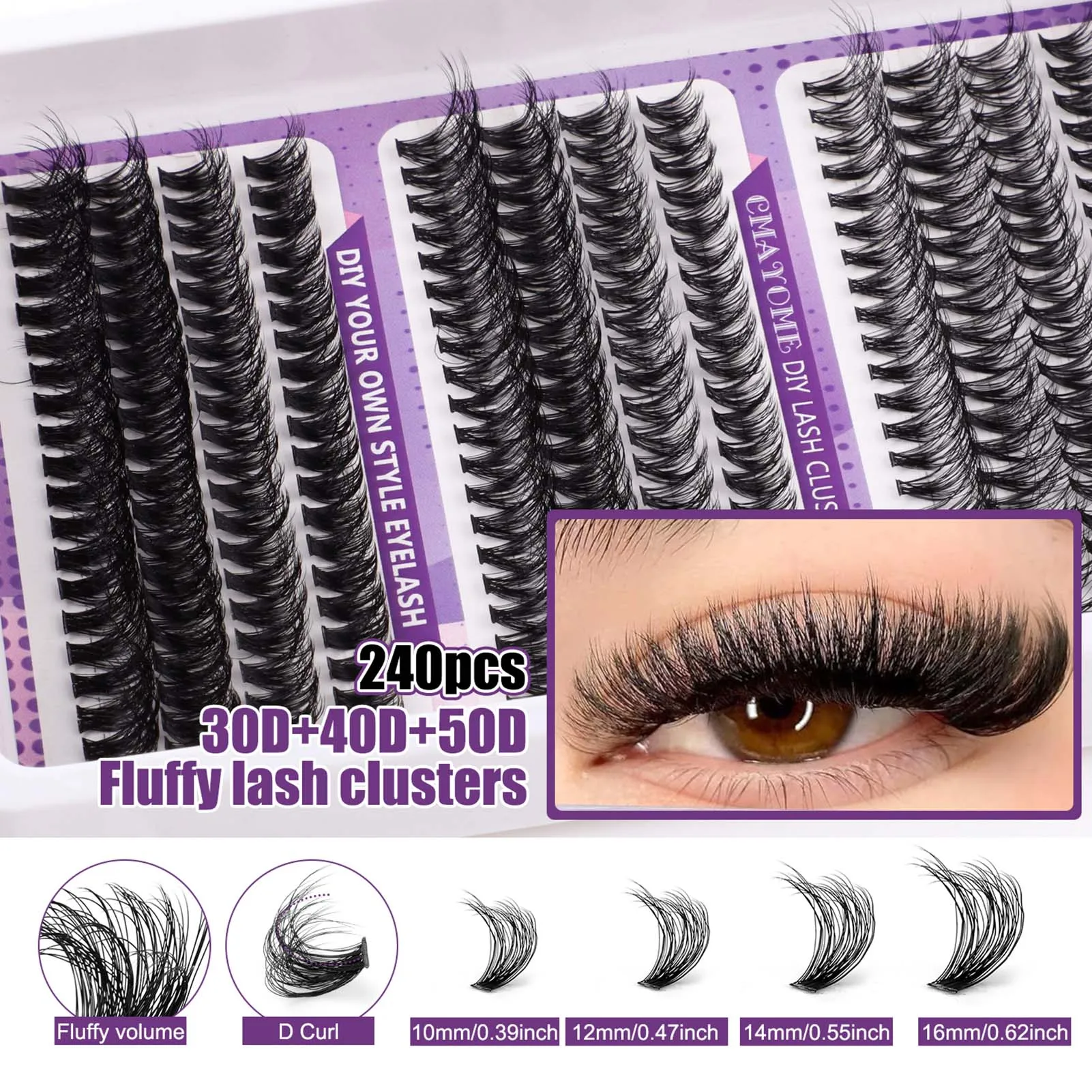 DIY Lash Clusters Extension Kit 10-16mm Natural Individual eyelash D Curl  Fluffy volume Eye-Lifting Effect Makeups supplies