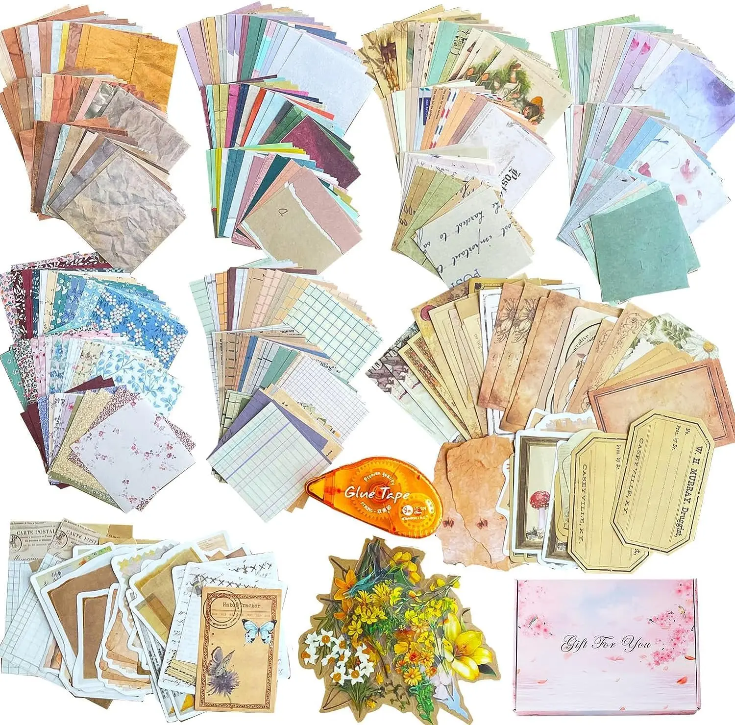 501Pcs Journaling Supplies Kit 460 Sheet Thin Paper with 40 Pc Flower Stickers 1 Adhesive Roller for Tags Ephemera Junk Journ