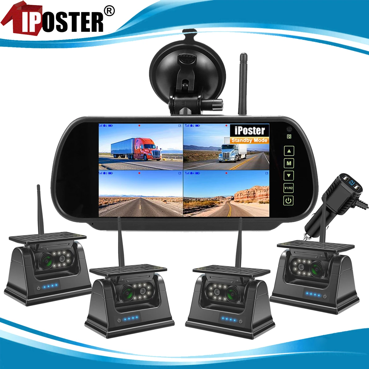 iPoster Digital Wireless 7 Inch IPS Screen Rear View Mirror Monitor DVR 4ch Standby Mode 1080P Solar Backup Cameras For Caravan