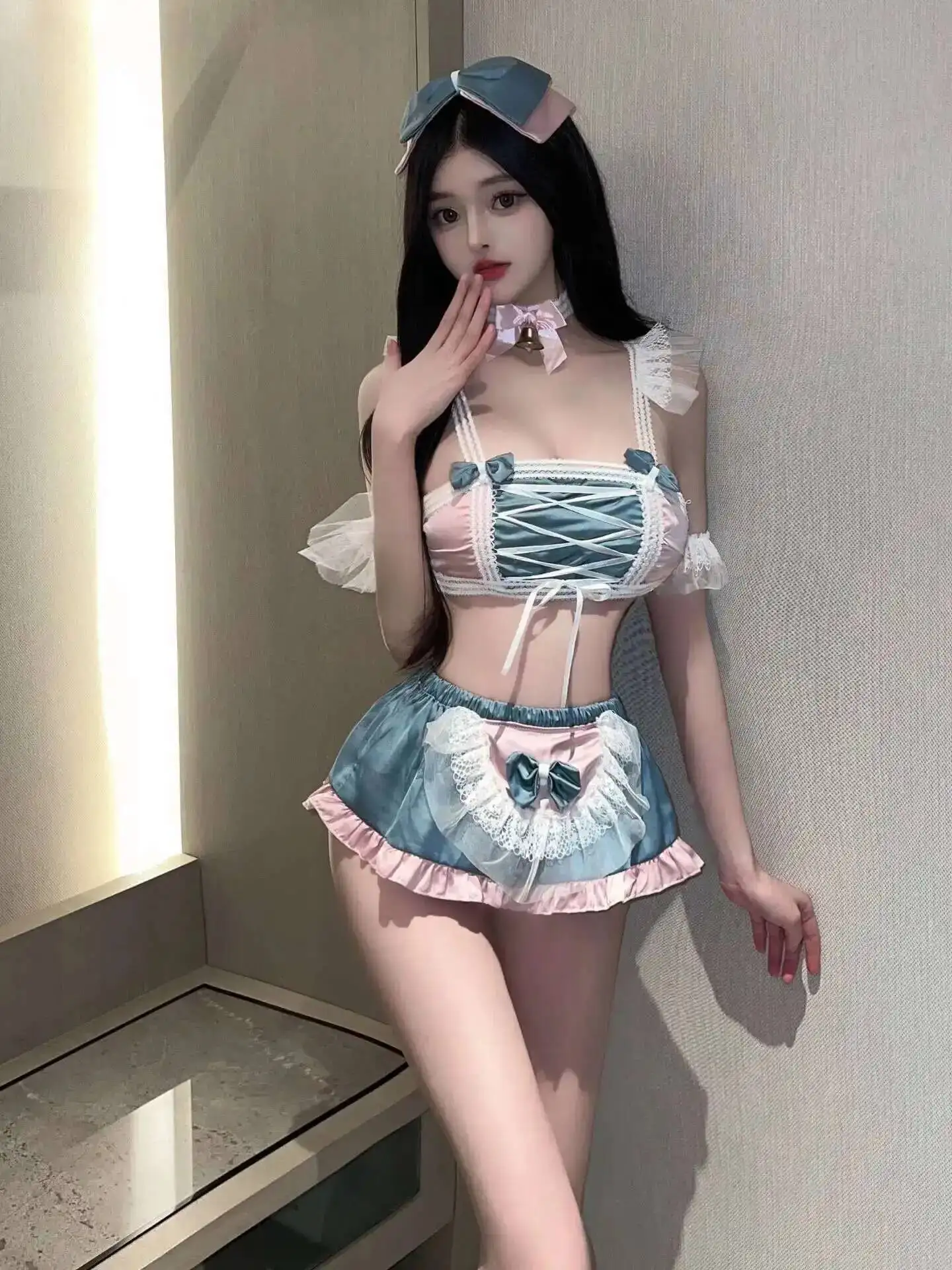 Sexy empregada roleplay uniforme tentação macio doce saia define sem costas profundo v suspensórios sem mangas canguru bolsa saia conjuntos pt0i