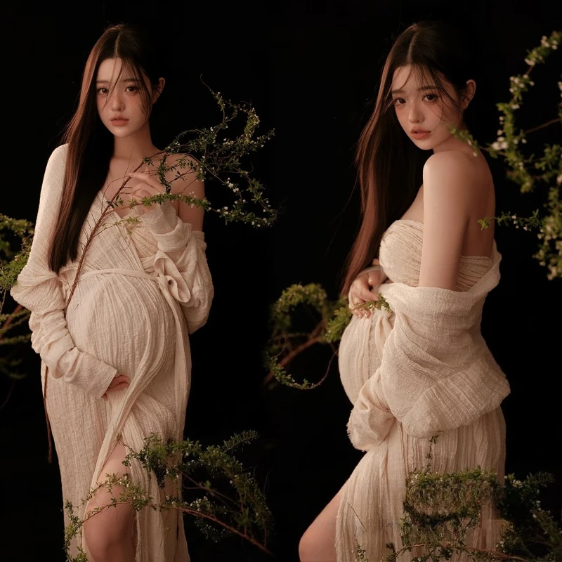 Women Maternity Photography Clothing Dress with Belt White V-neck Lazy Style Pregancy Clothes for Female Studio Photoshoot