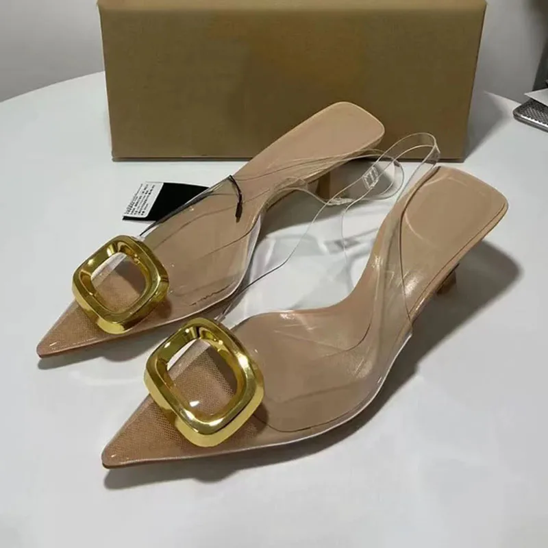 Metal Square Loop Kitten Heel Slingbacks New Women Transparent Upper Spike Heels Summer Chic Pumps Sandals Shoes For Woman