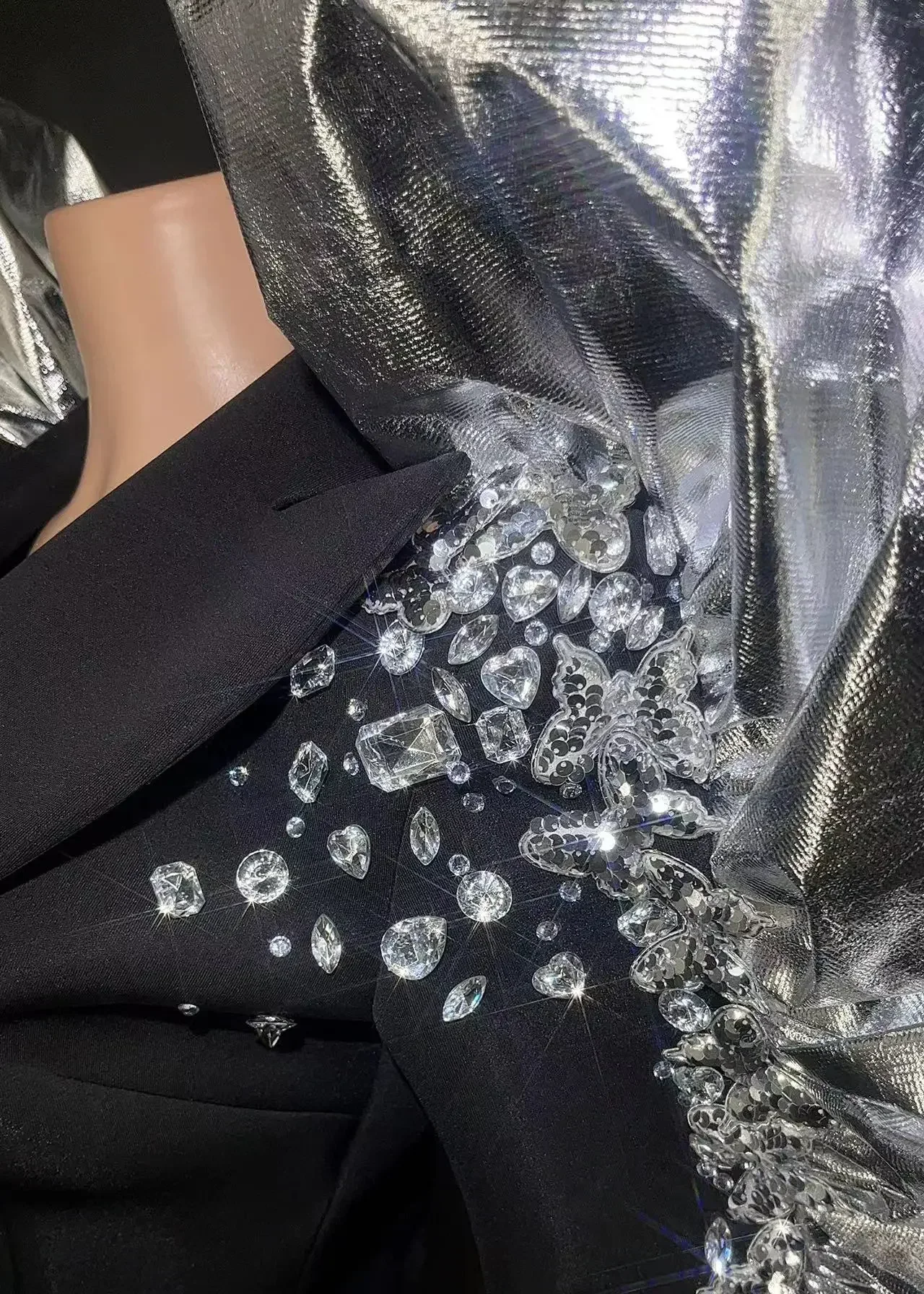 Traje de fiesta de cumpleaños brillante para mujer, Blazer negro de diamantes de imitación, Drag Queen, traje de actuación de cantante de escenario