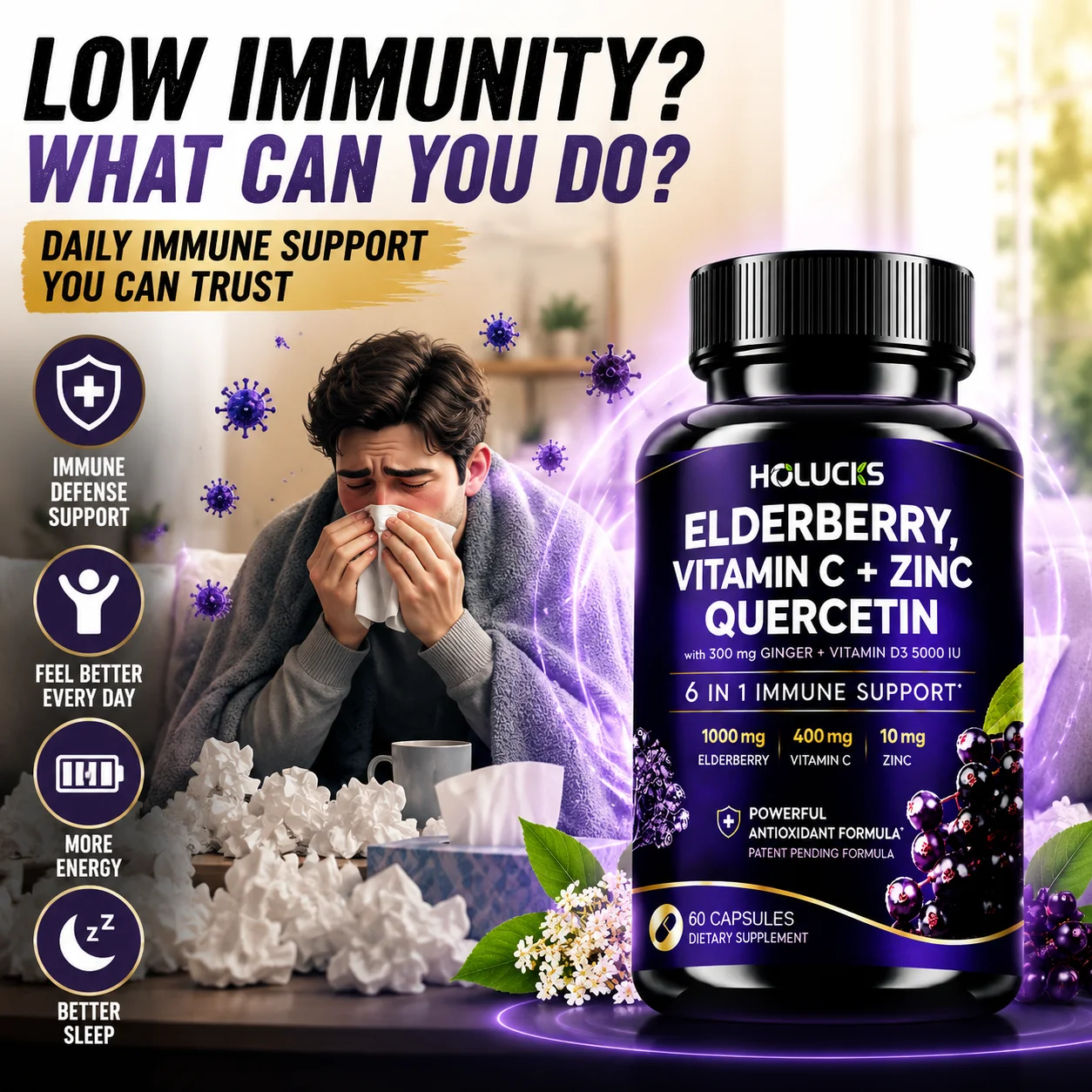 All Round Immunity Booster Supplement, with Vitamin C D Zinc, Support Resist Free Radical Damage, Vitality & Long Term Immune