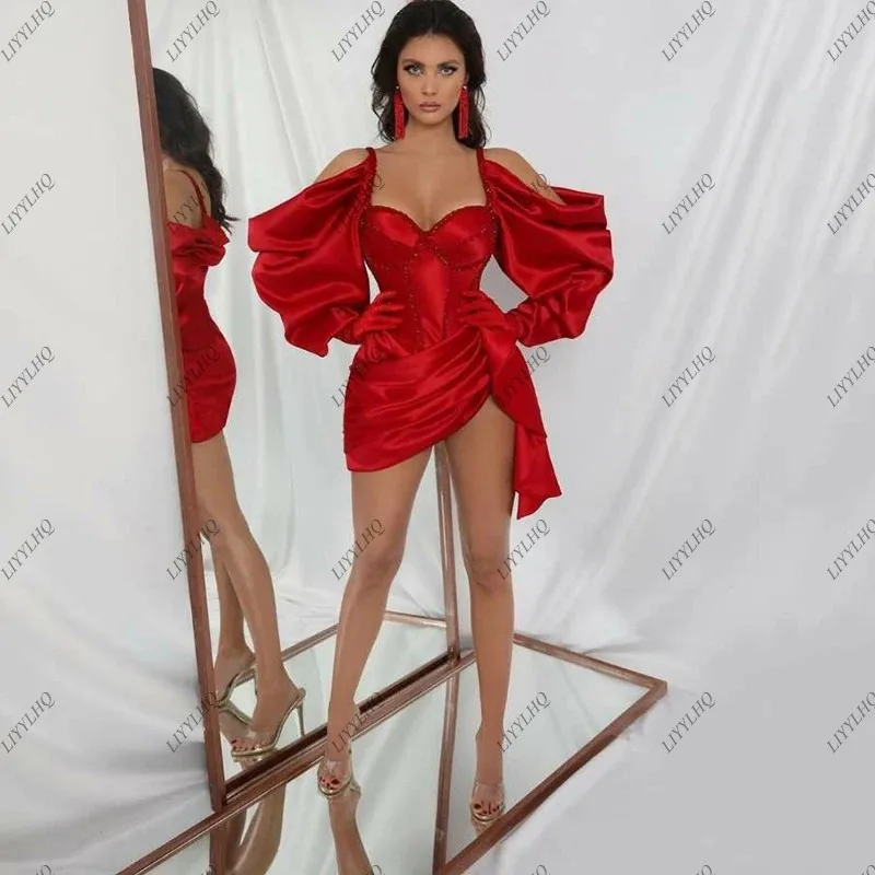 

LIYYLHQ Stylish Short Red Sequin Formal Mini Prom Dresses Long Sleeves Silk Satin Cocktail Dress Above Knee Women Party Gowns